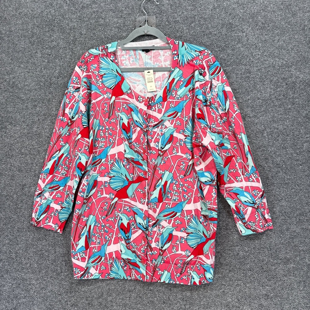 Talbots Cardigan Sweater Women 2X Pink Bird Print Long Sleeve Cotton Knit NEW